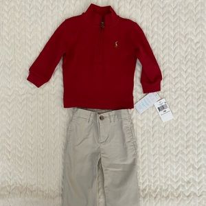 Ralph Lauren khaki pants and red quarter zip sweater